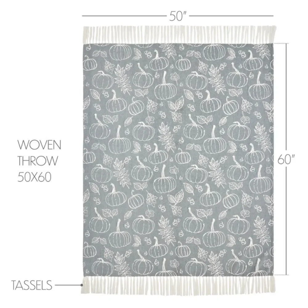NEW! Harvest Pumpkin Gray Cotton Blend Woven Throw Blanket Tassels Autumn Fall